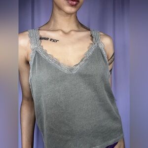 American Eagle Olive Green Ribbed Tank Top Womens Size XL Lace Trim Y2K Fairy